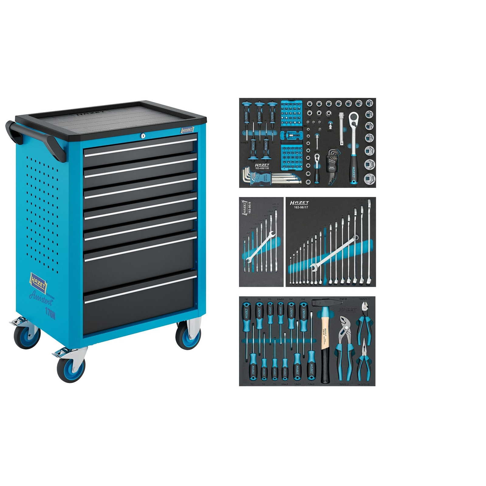 Servante d’atelier 7 tiroirs 147 pièces avec assortiment mousse Safety-Insert bleu HAZET - 176N-7/147