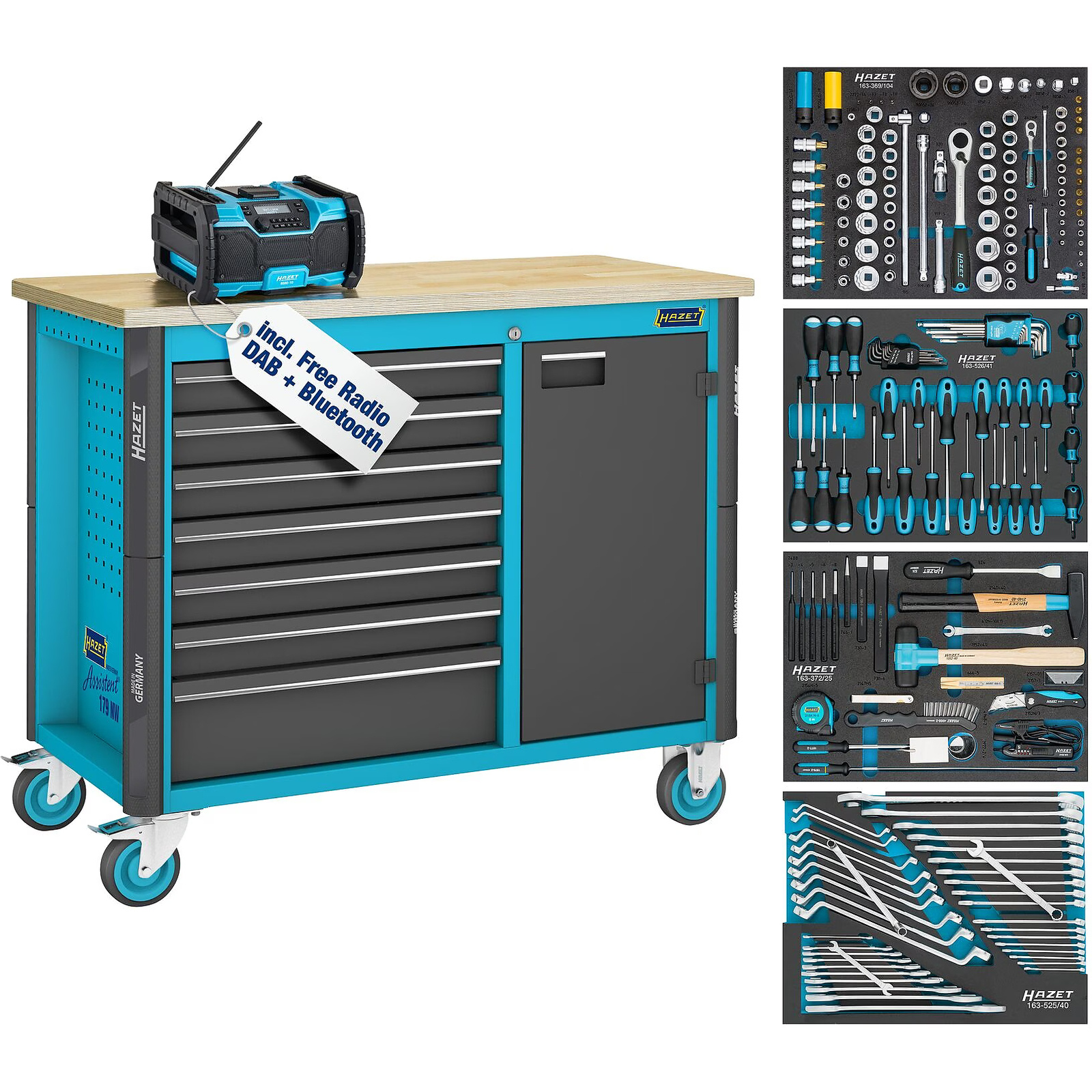 Servante d'atelier déplaçable 7 tiroirs 210 pièces bois bouleau 30 mm bleu HAZET - 179NW-7/210