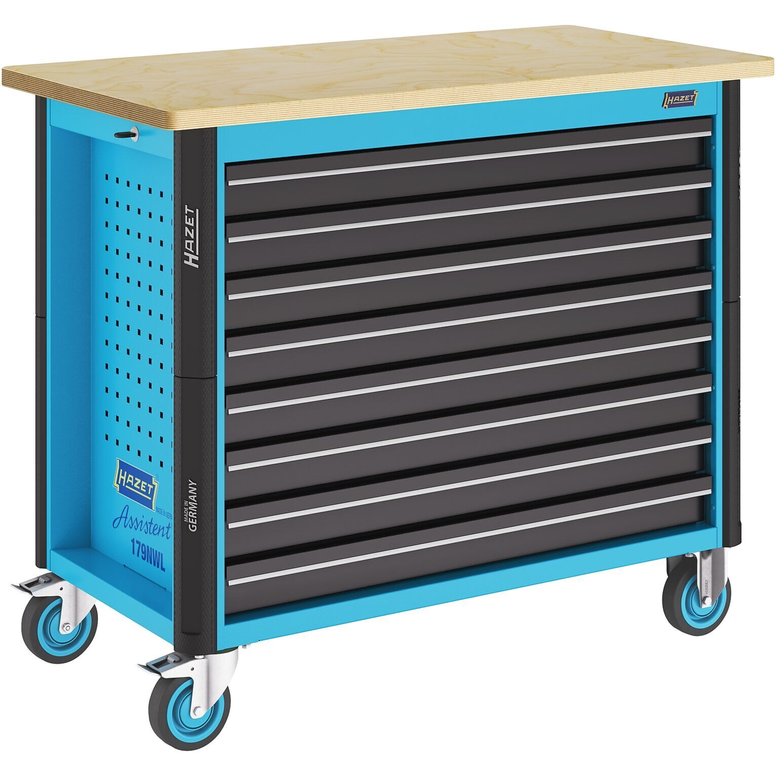 Établi mobile servante d'atelier 1150 x 600 x 965 mm 8 tiroirs plats bois bouleau HAZET - 179NWL-8