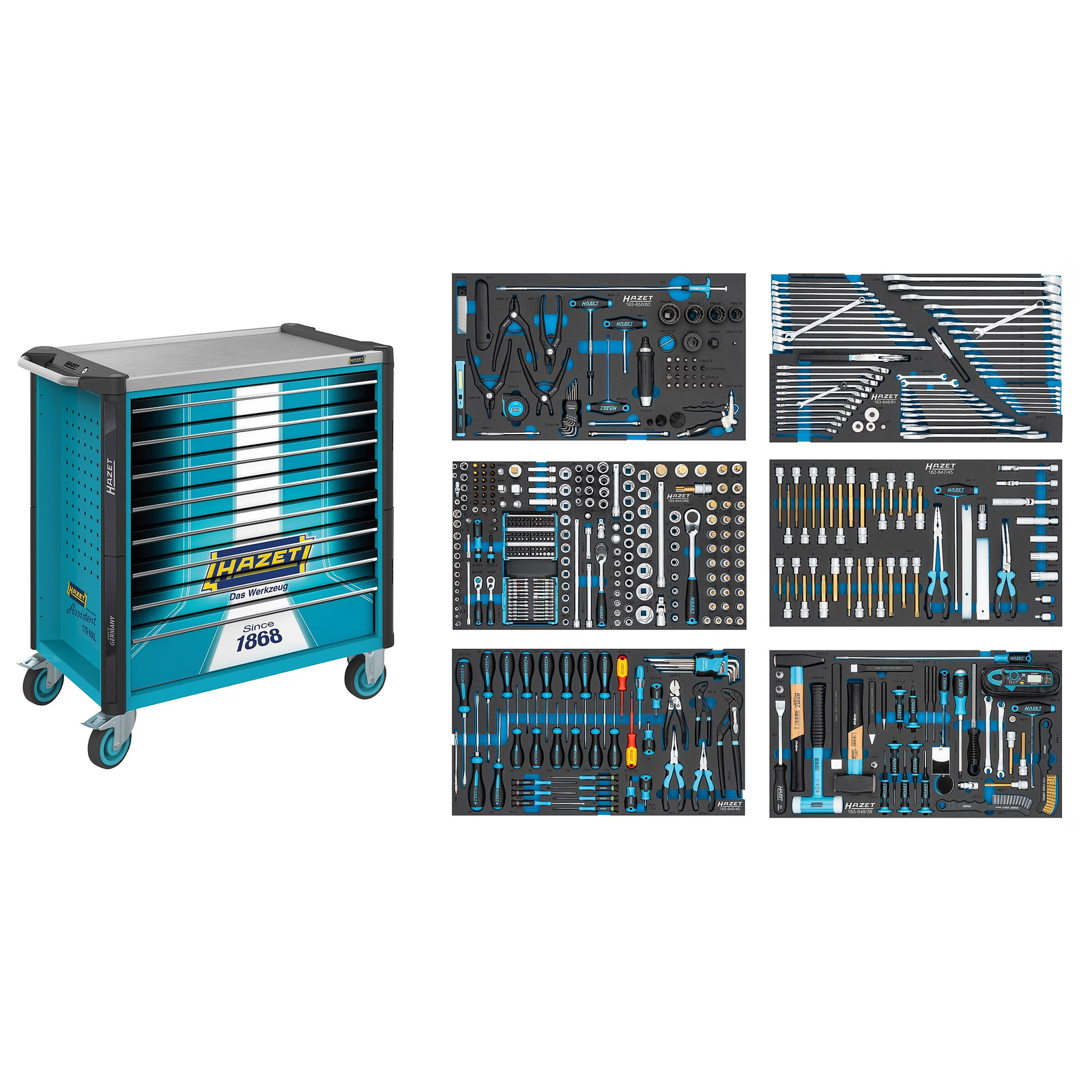 Servante d’atelier 515 pièces 7 tiroirs plats 1 tiroir haut acier inoxydable HAZET - 179NXL-8S1/515