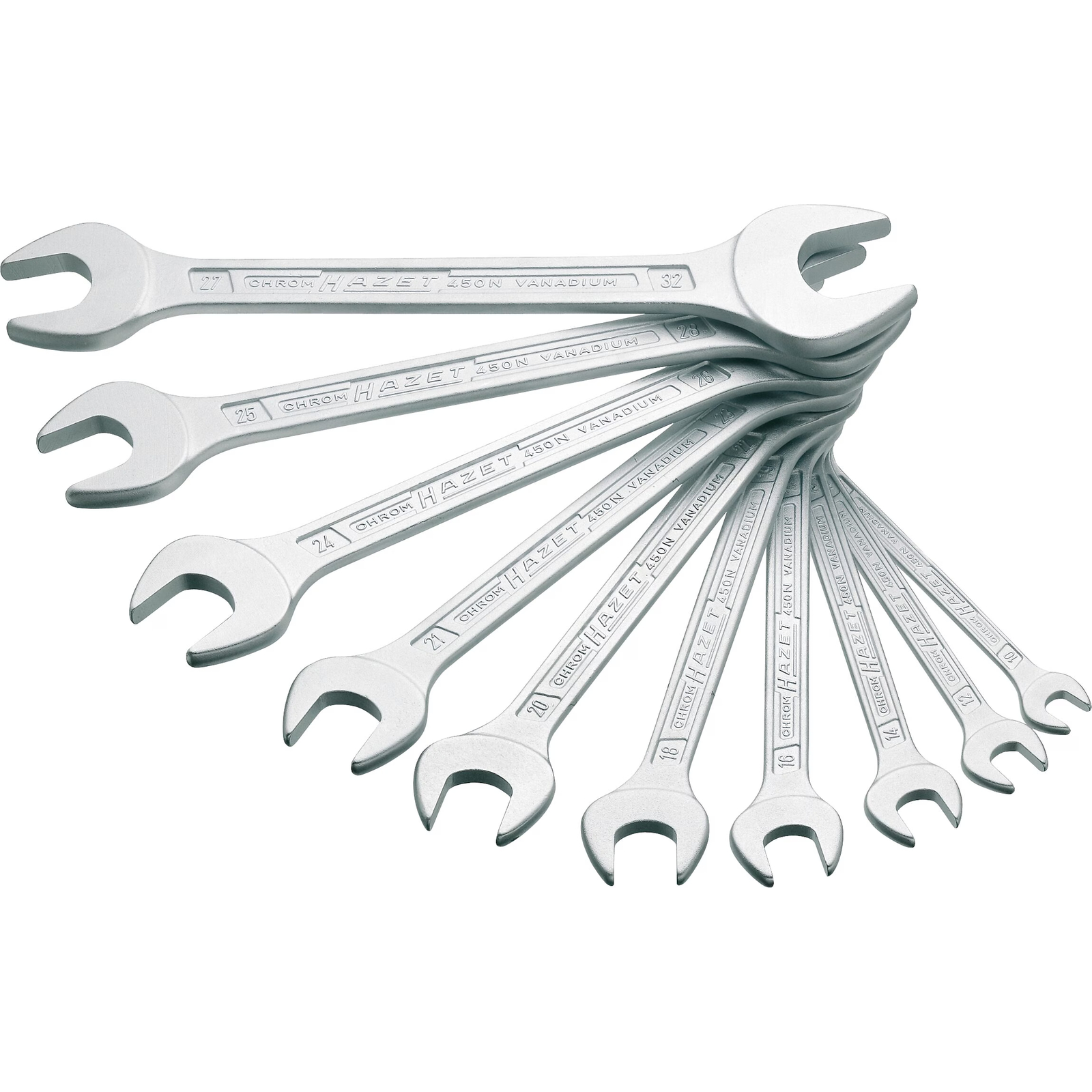 Jeu de clés à fourche double 10 pièces 6 x 7 – 27 x 32 profil 6 pans chromé HAZET - 450N/10