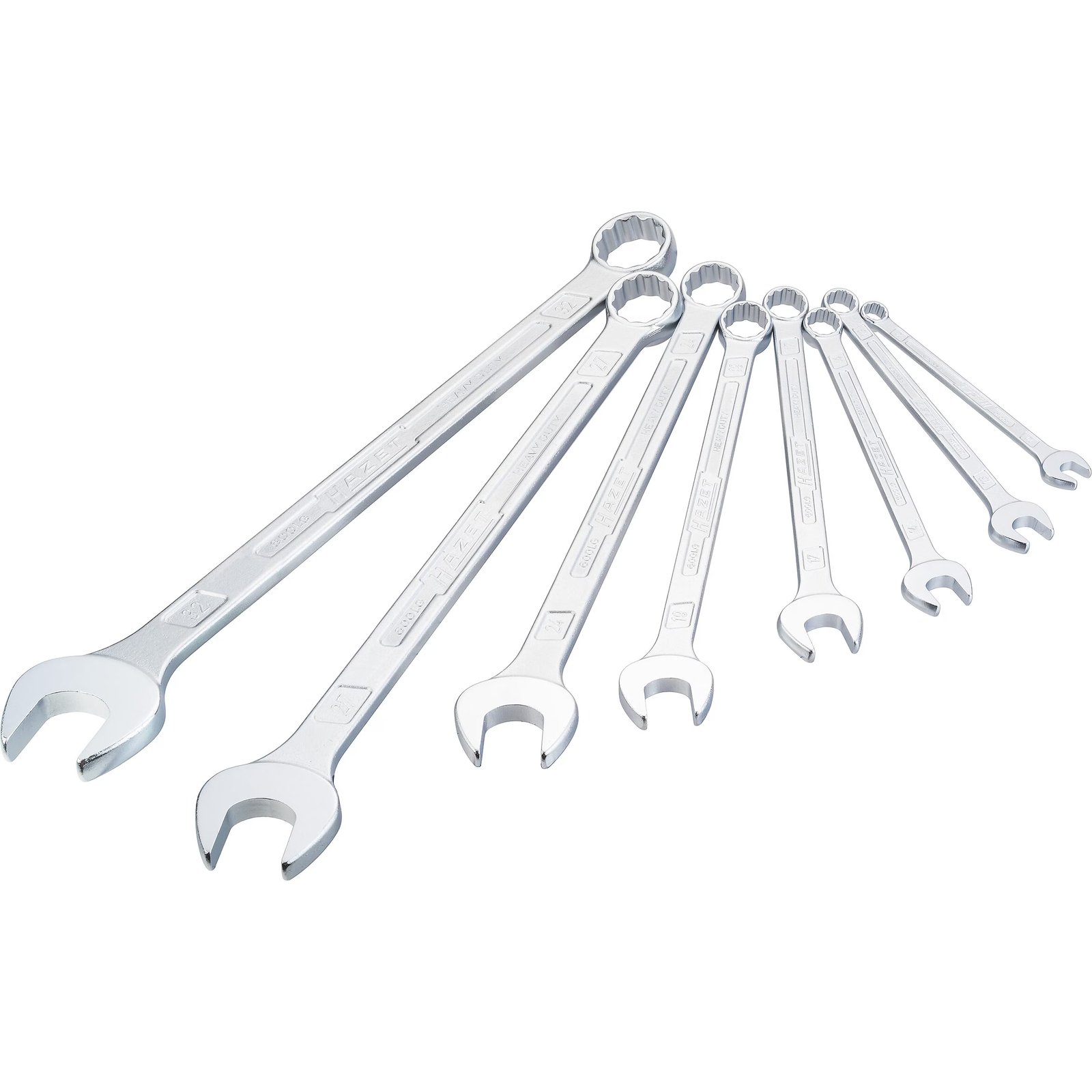 Clé mixte extra-longue fine 8 pièces 10–32 mm profil 12 pans chromée HAZET - 600LG/8