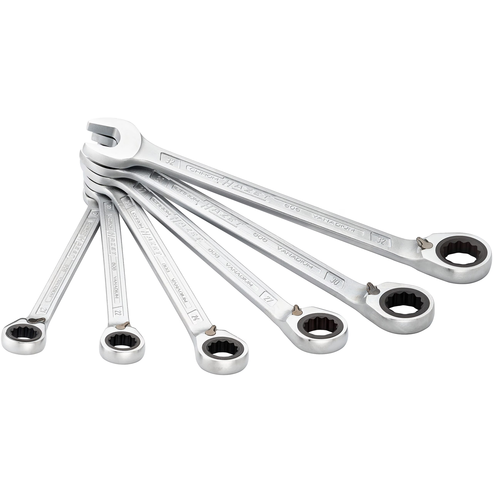 Jeu de clés mixtes à cliquet 6 pièces 21–32 mm profil Traction 12 pans chromé HAZET - 606/6-1