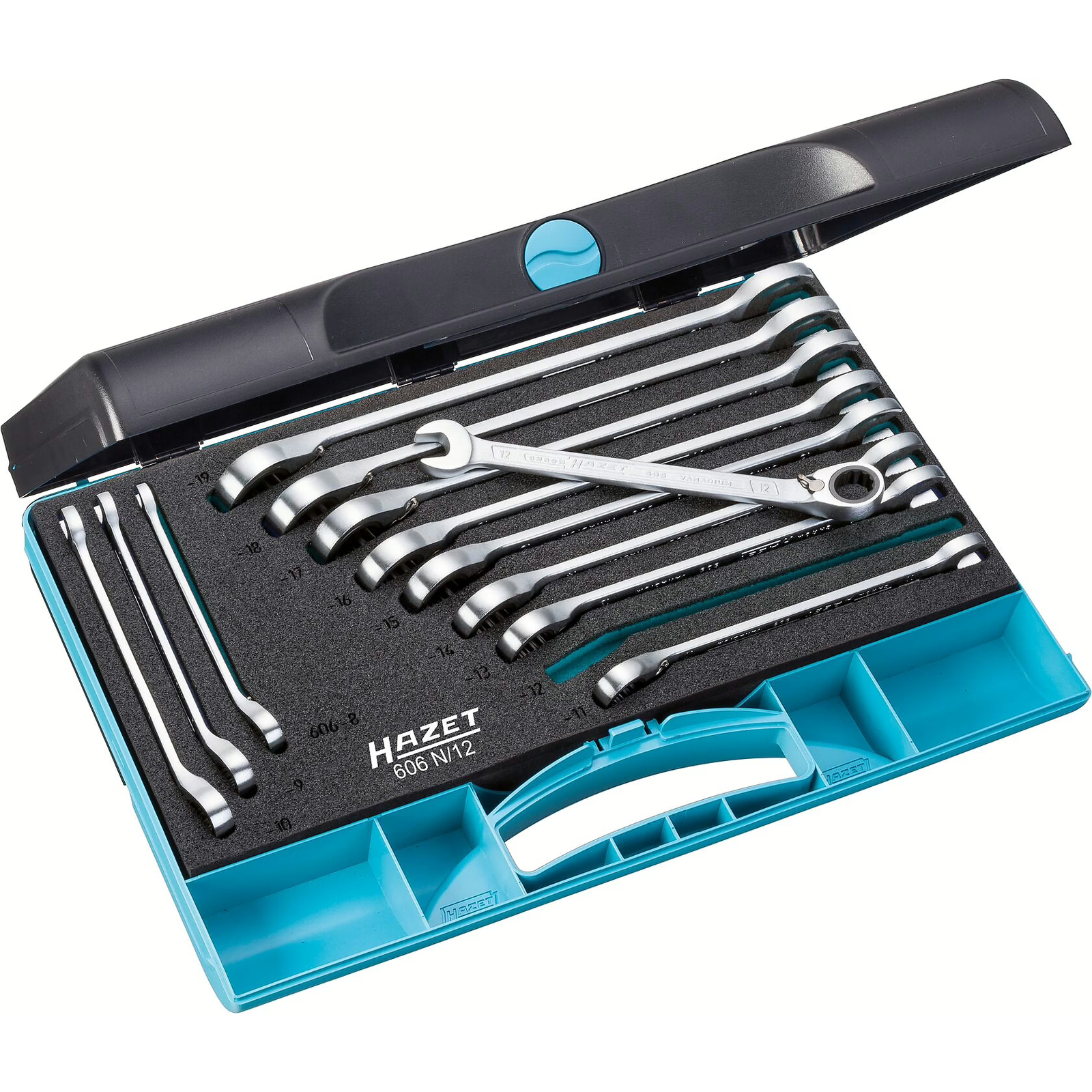 Jeu de clés mixtes à cliquet profil Traction 12 pans 12 pièces 8–19 HAZET - 606N/12