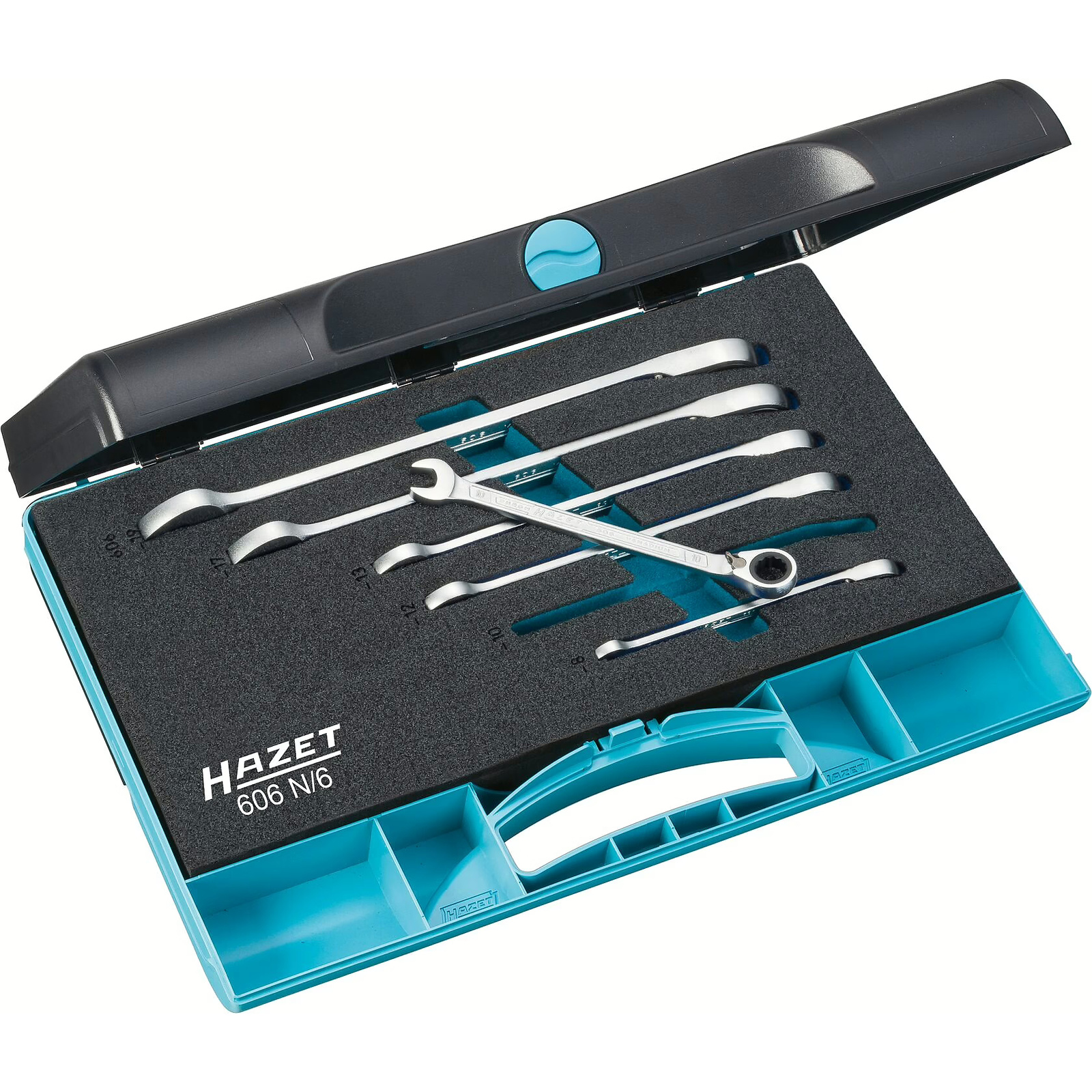 Jeu de clés mixtes à cliquet 6 pièces 8-19 mm Profil Traction 12 pans chromé HAZET - 606N/6