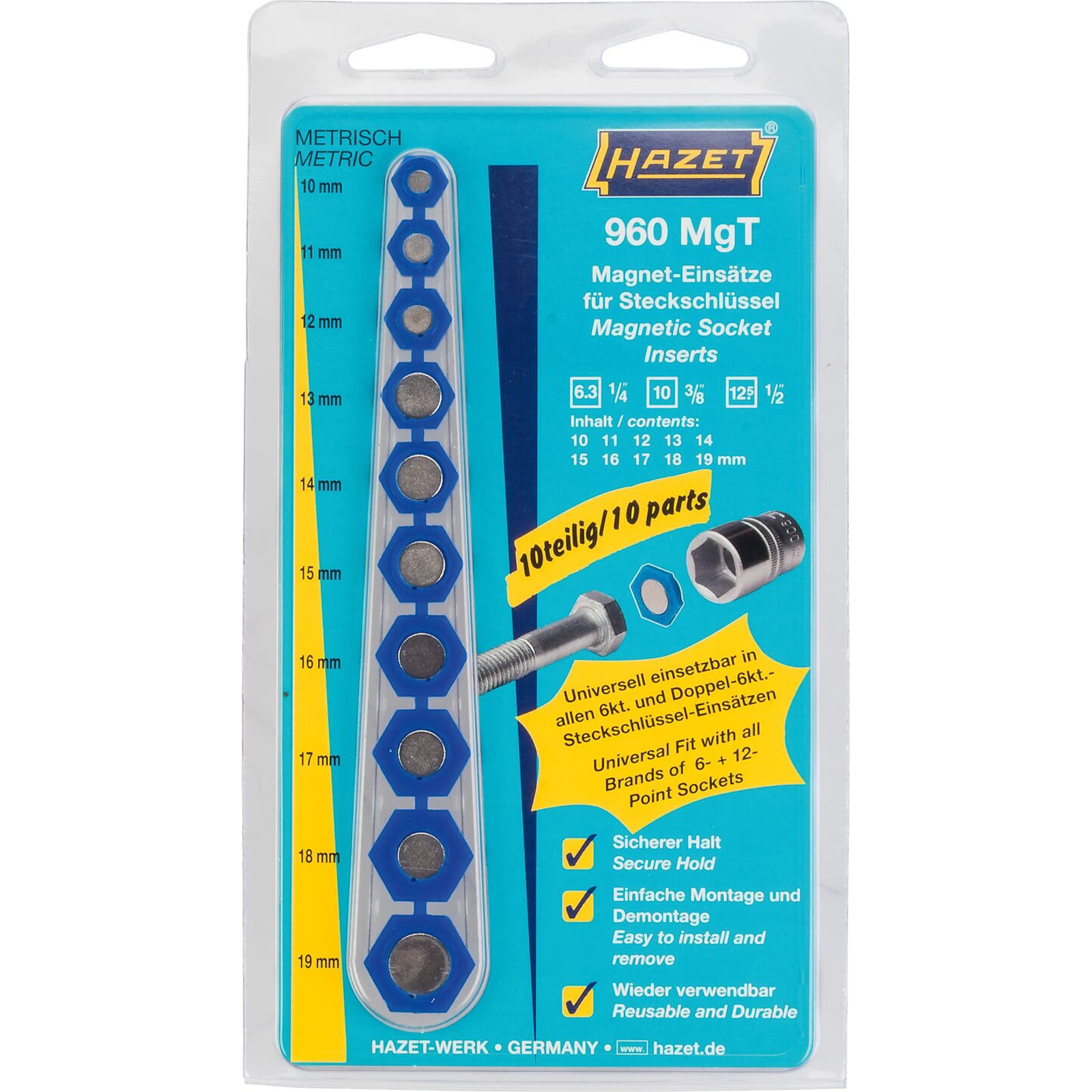 Insert magnétique pour douilles 6 et 12 pans 10-19 mm jeu 10 pièces HAZET - 960MGT