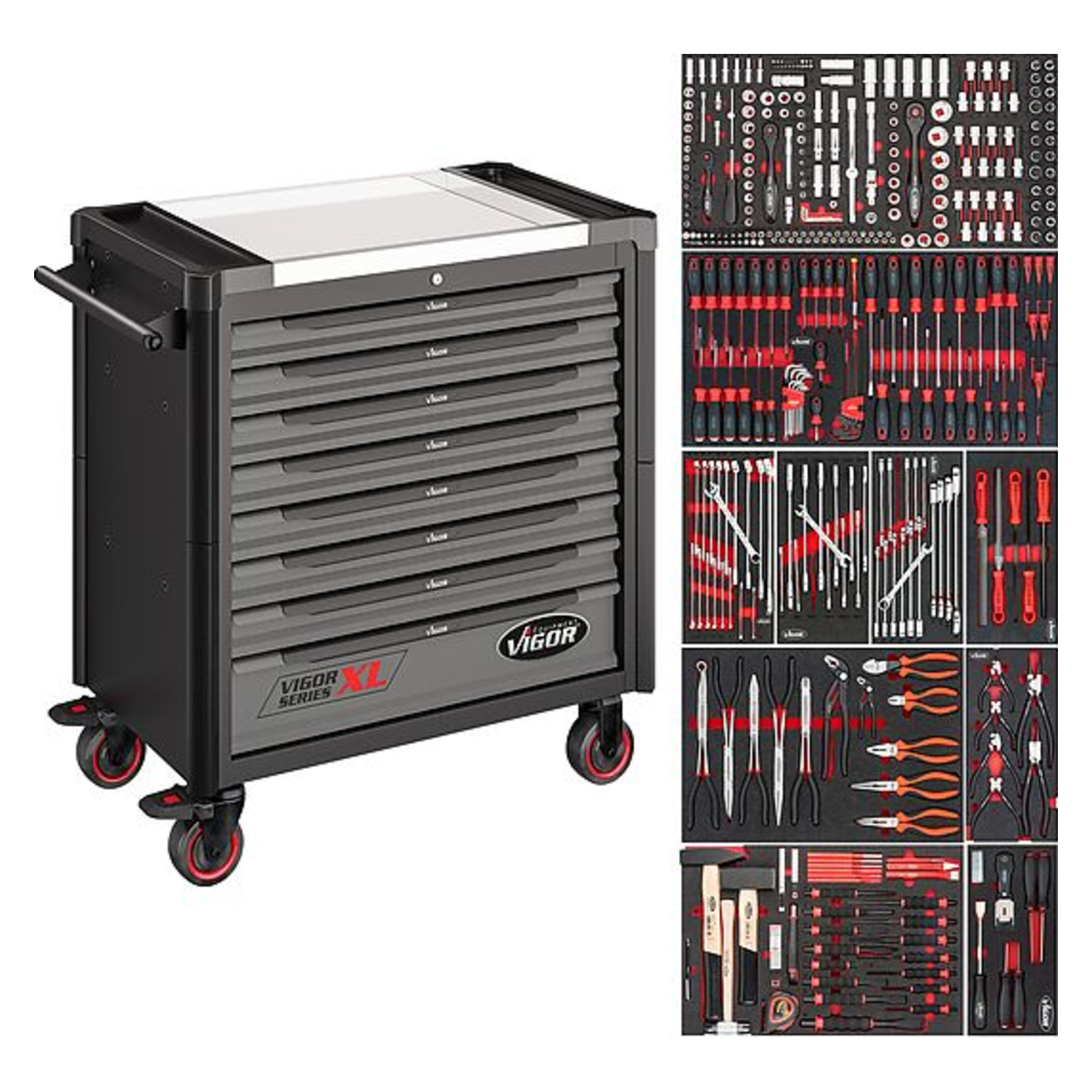 Servante d'atelier séries XL plateau de travail en acier inoxydable avec assortiment  VIGOR - V4481/416