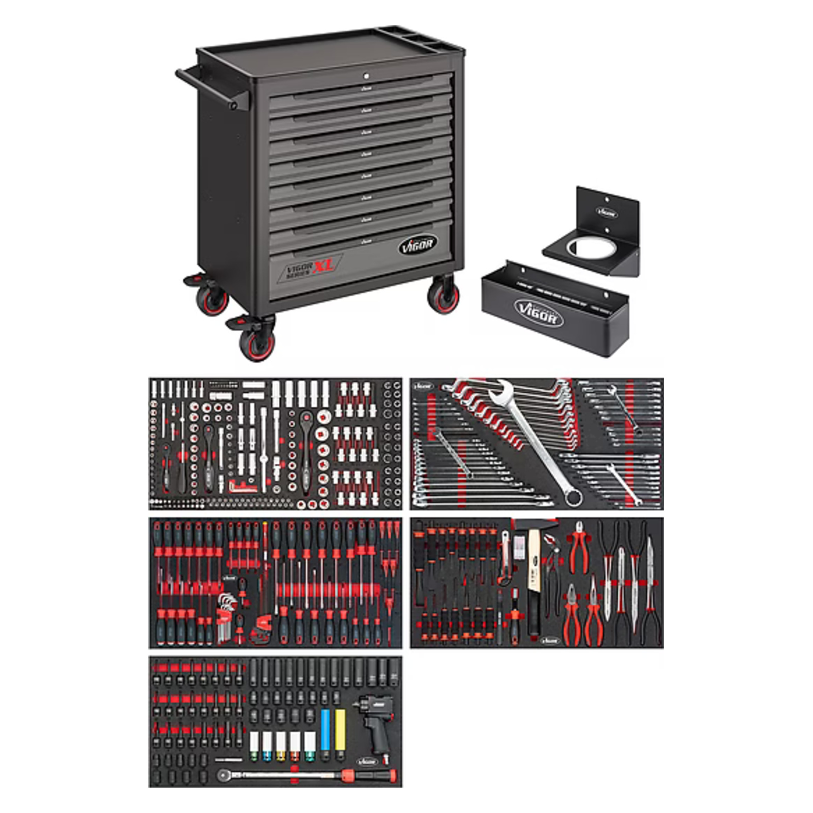 Servante d'atelier séries XL plateau de travail en matière plastique avec assortiment  VIGOR - V4481/466