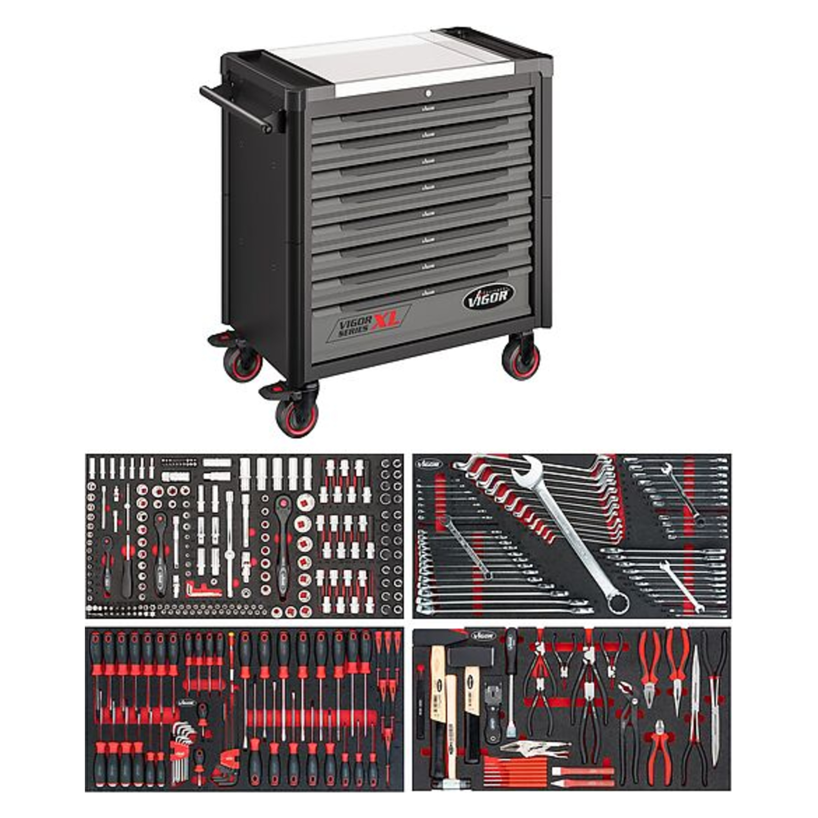 Servante d'atelier séries XL plateau de travail en acier inoxydable avec assortiment  VIGOR - V4481-X/375