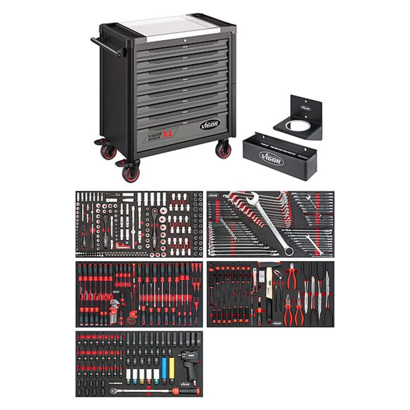 Servante d'atelier séries XL plateau de travail en acier inoxydable avec assortiment  VIGOR - V4481-X/466