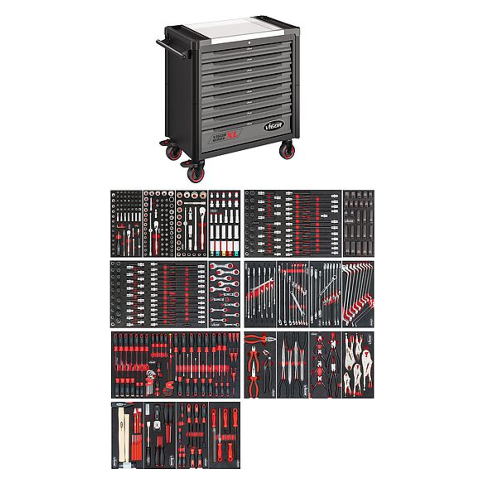 Servante d'atelier séries XL plateau de travail en acier inoxydable avec assortiment  VIGOR - V4481-X/499