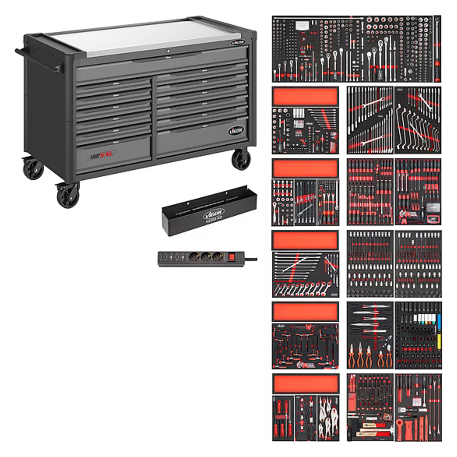 Servante d'atelier séries XXL plateau de travail en acier inoxydable avec assortiment  VIGOR - V4481-XXL/1299