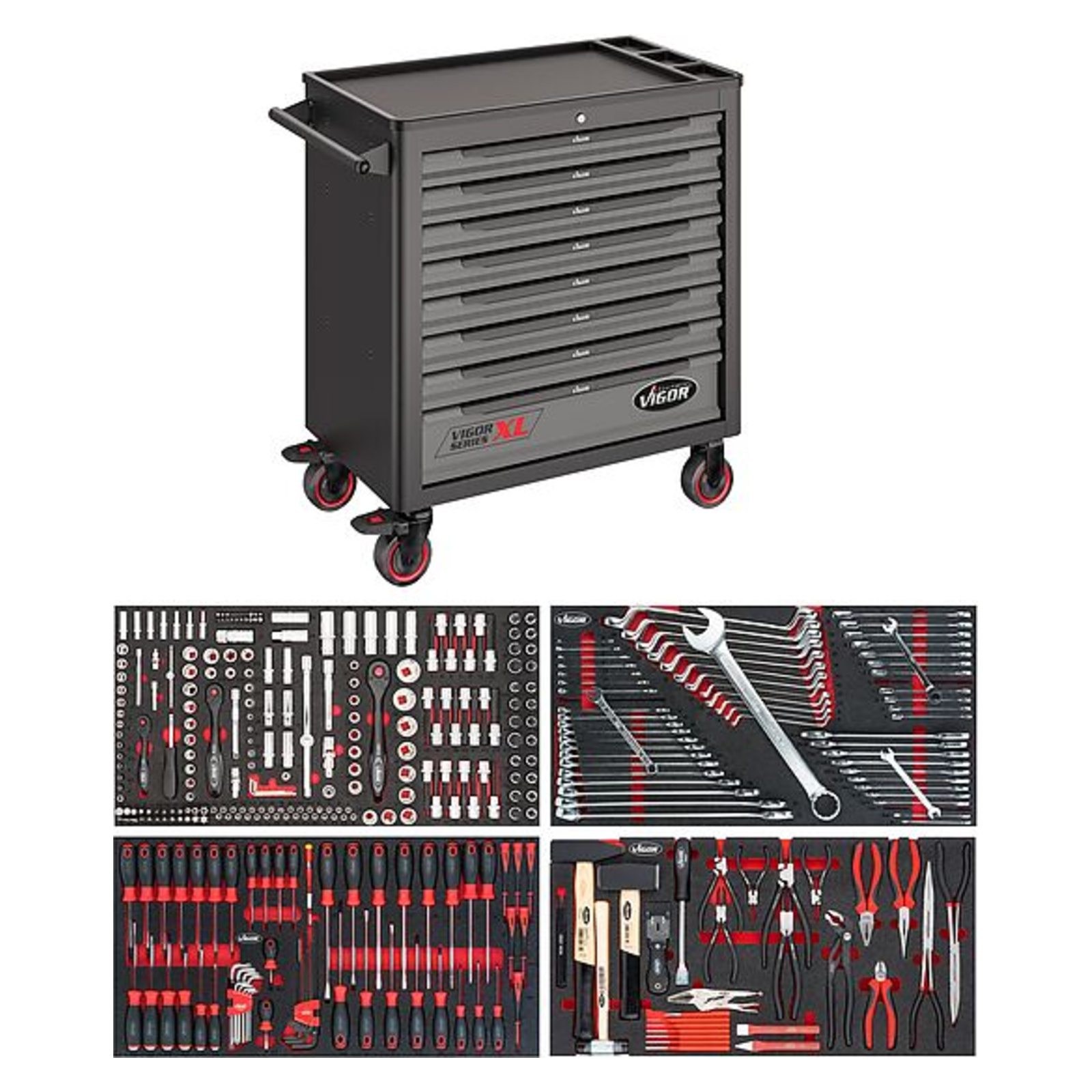 Servante d'atelier séries XL plateau de travail en matière plastique avec assortiment  VIGOR - V4542