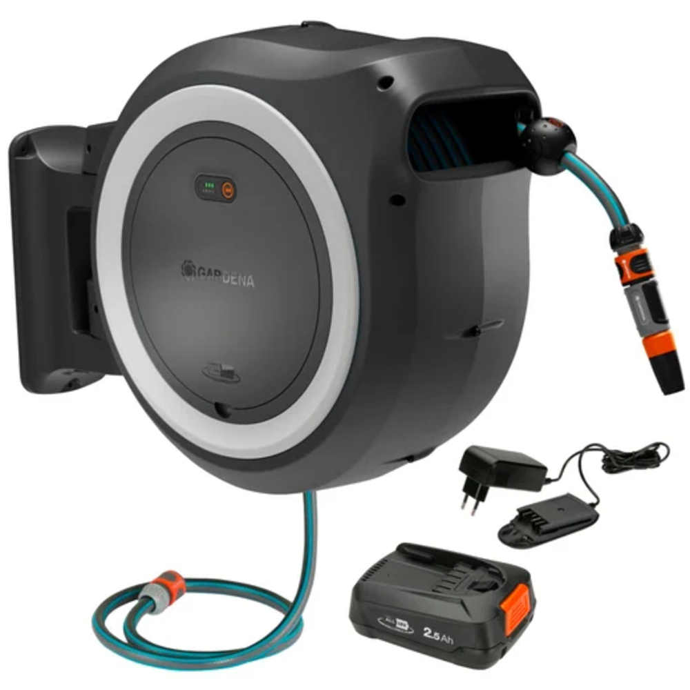 Dévidoir automatique mural sur batterie PowerRoll XL 35/18V P4A tuyau de 35 m blanc - GARDENA - 18642-20