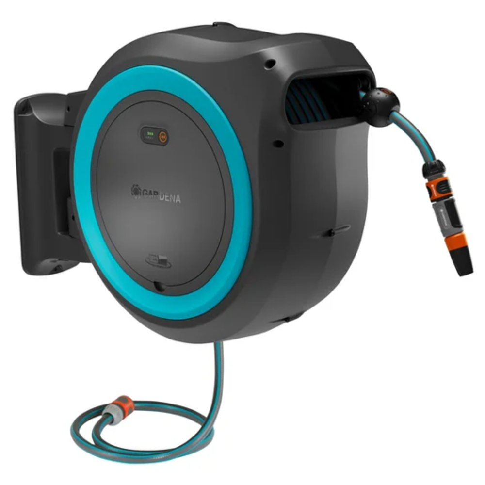 Dévidoir automatique mural sur batterie PowerRoll XXL 40/18V P4A tuyau de 40 m bleu turquoise - GARDENA - 18645-55