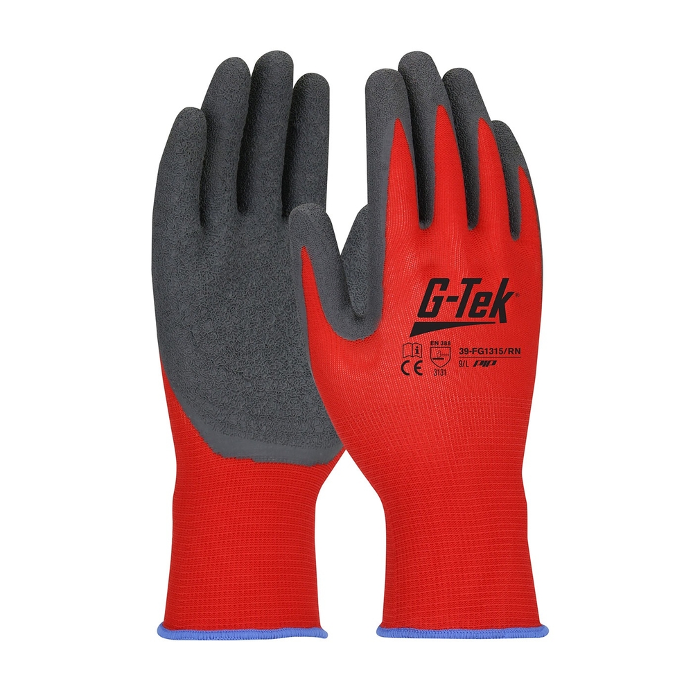 Gants doublure nylon enduction latex crêpé rouge - Lot de 12 - G-TEK - 39-FG1315/RN