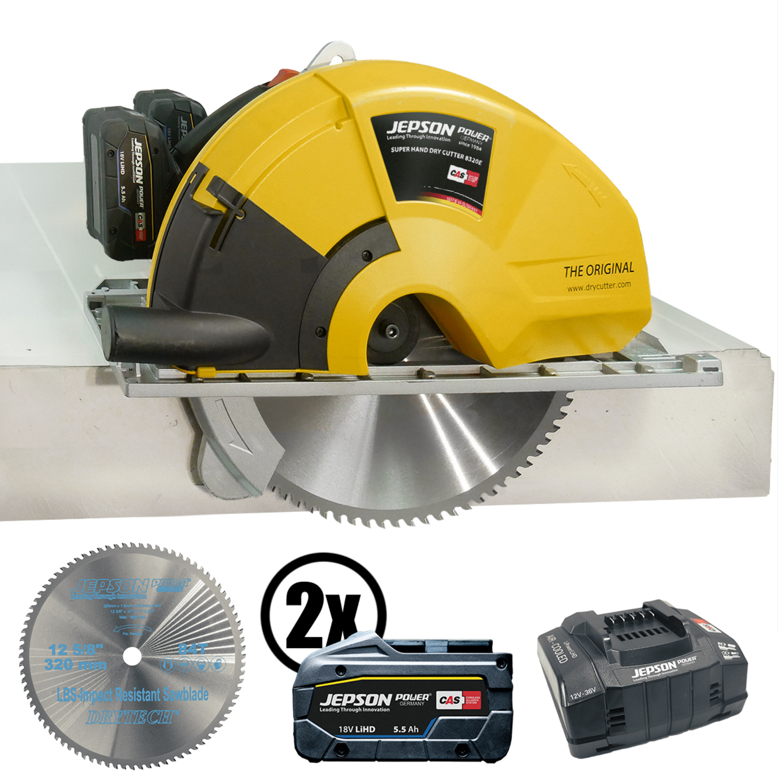 Super Hand Dry Cutter 8320E 36V with Ø 320/84T saw blade, 2x 18V 5,5Ah CAS batteries and 230V charger JEPSON - 608270E