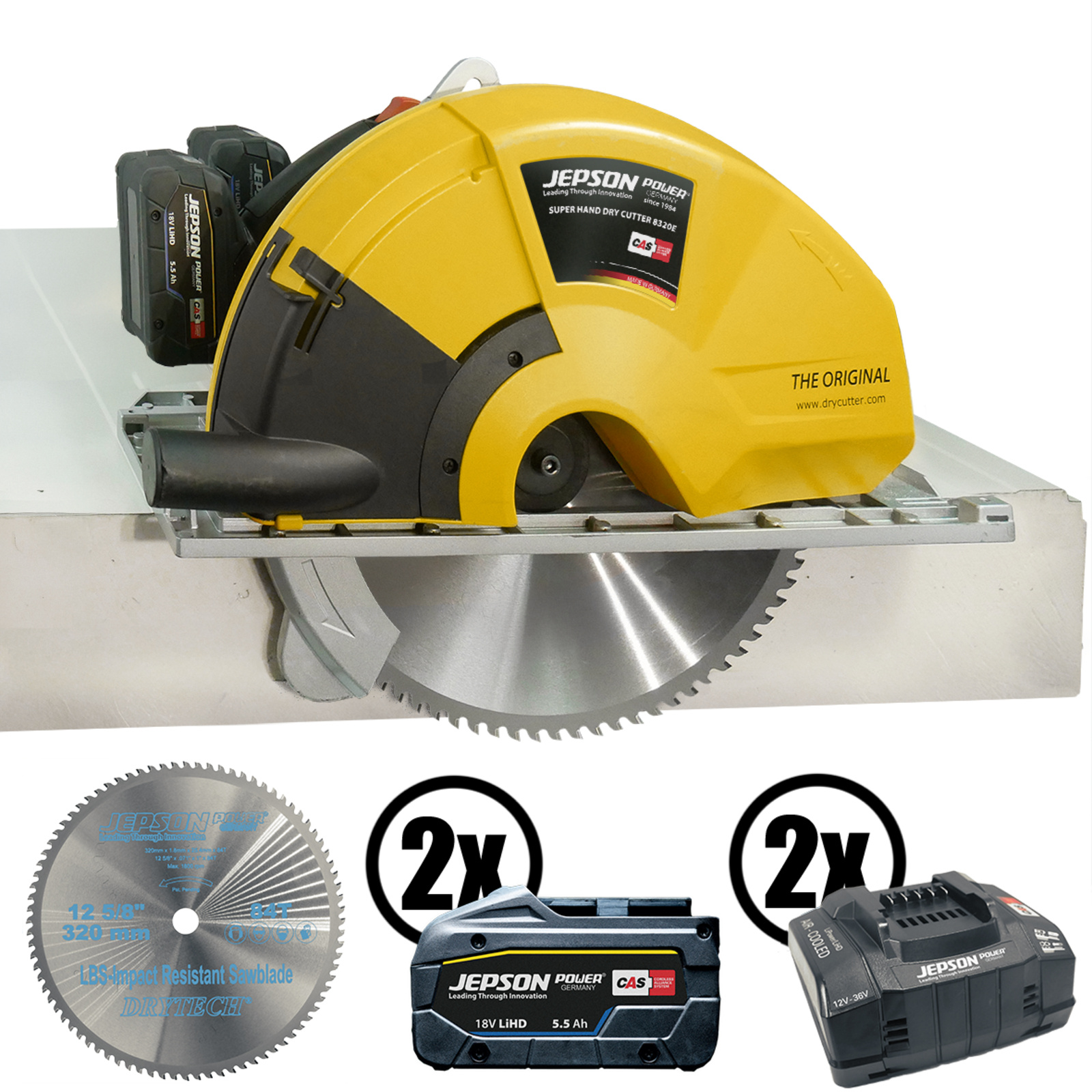 Super Hand Dry Cutter 8320E 2 batteries 18 V LiHD 5,5 A 2 chargeurs lame Ø 320 / 84D LBS résistante aux chocs JEPSON - 608270EC2