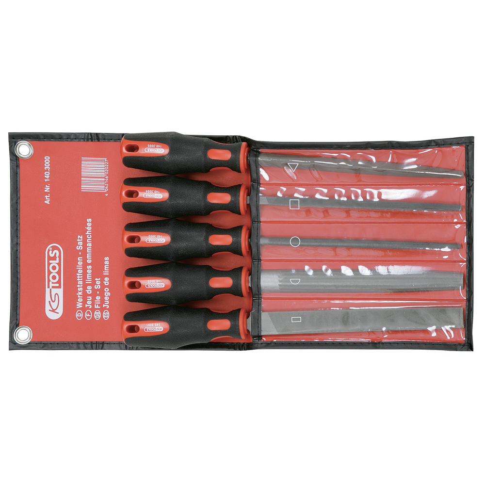 Jeu 5 de limes emmanchées demi-douces plate carrée triangulaire demi-ronde et ronde KS TOOLS - 140.3000