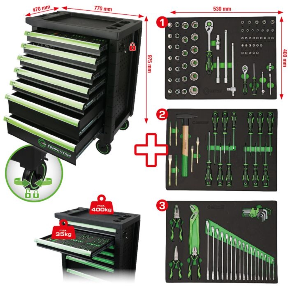 Servante d'atelier COMPETITION avec 7 tiroirs et 119 outils premium - KS TOOLS - 512.3119