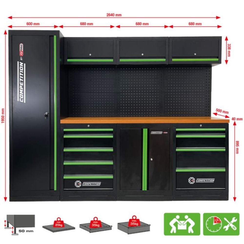 Système d’armoires d’atelier COMPETITION plan de travail en bois - KS TOOLS - 512.5500