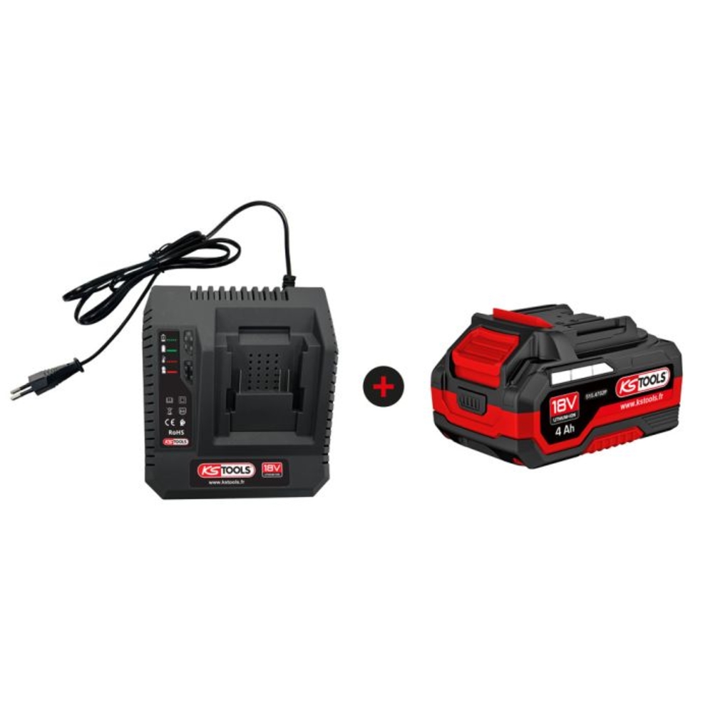 Lot d'un chargeur rapide et d'une batterie 18V 4Ah KS TOOLS - 515.4704F