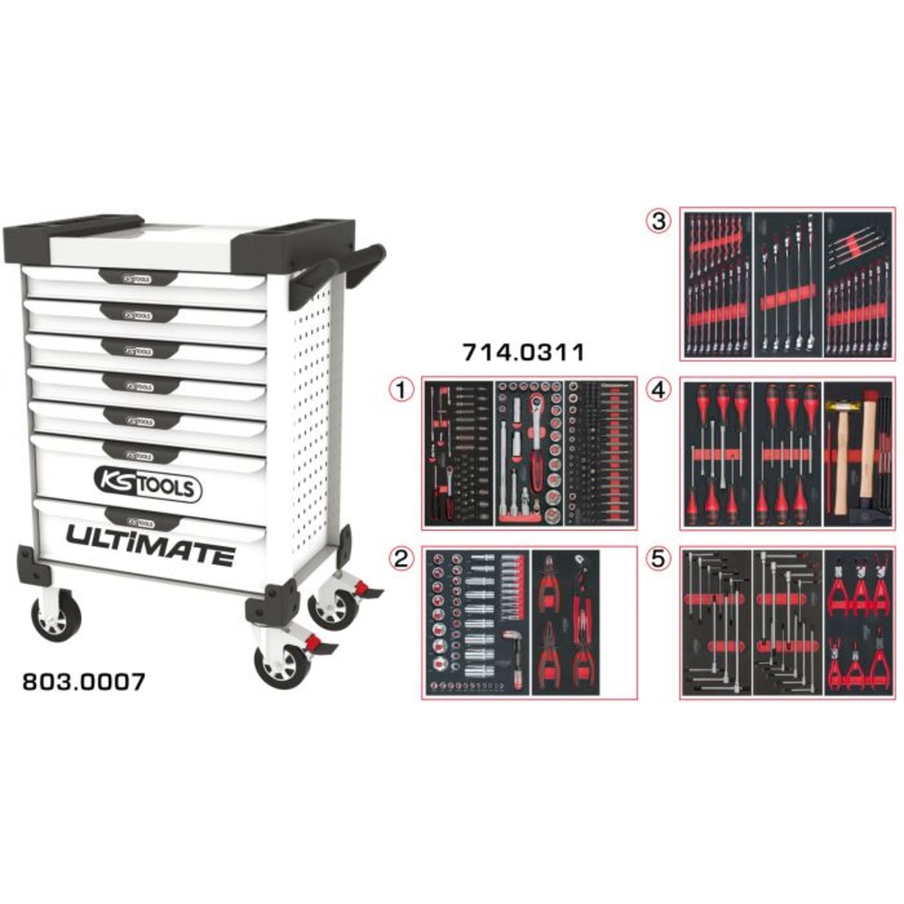 Servante ULTIMATE blanche 7 tiroirs équipée de 311 outils KS TOOLS - 803.7311