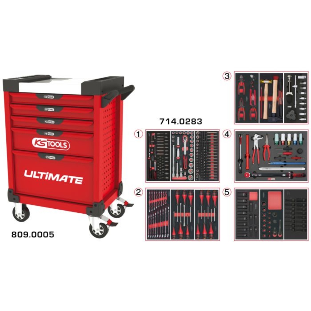 Servante ULTIMATE rouge 5 tiroirs équipée de 283 outils KS TOOLS - 809.5283
