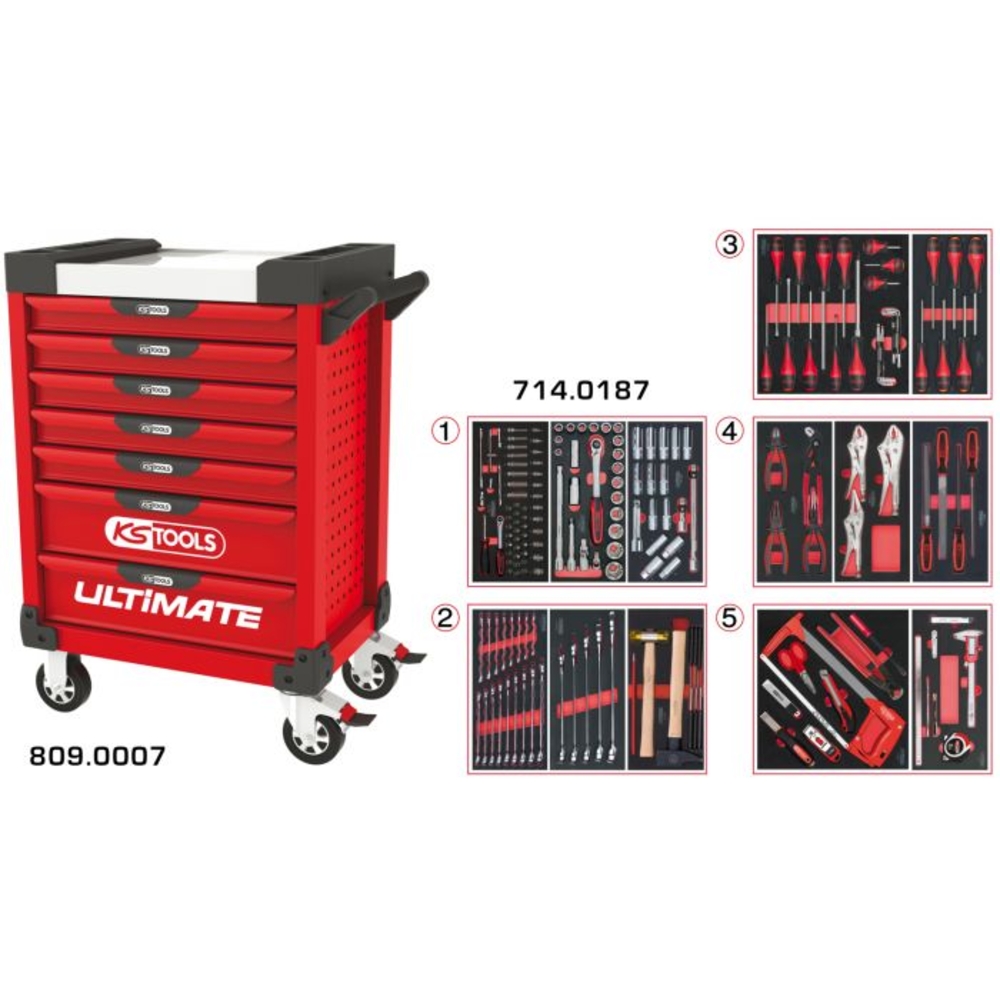 Servante ULTIMATE rouge 7 tiroirs équipée de 187 outils KS TOOLS - 809.7186