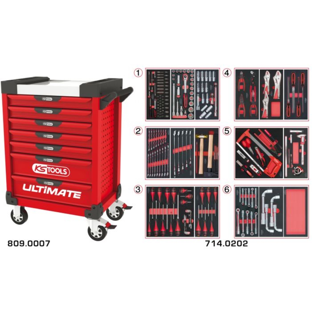 Servante ULTIMATE rouge 7 tiroirs équipée de 202 outils KS TOOLS - 809.7202