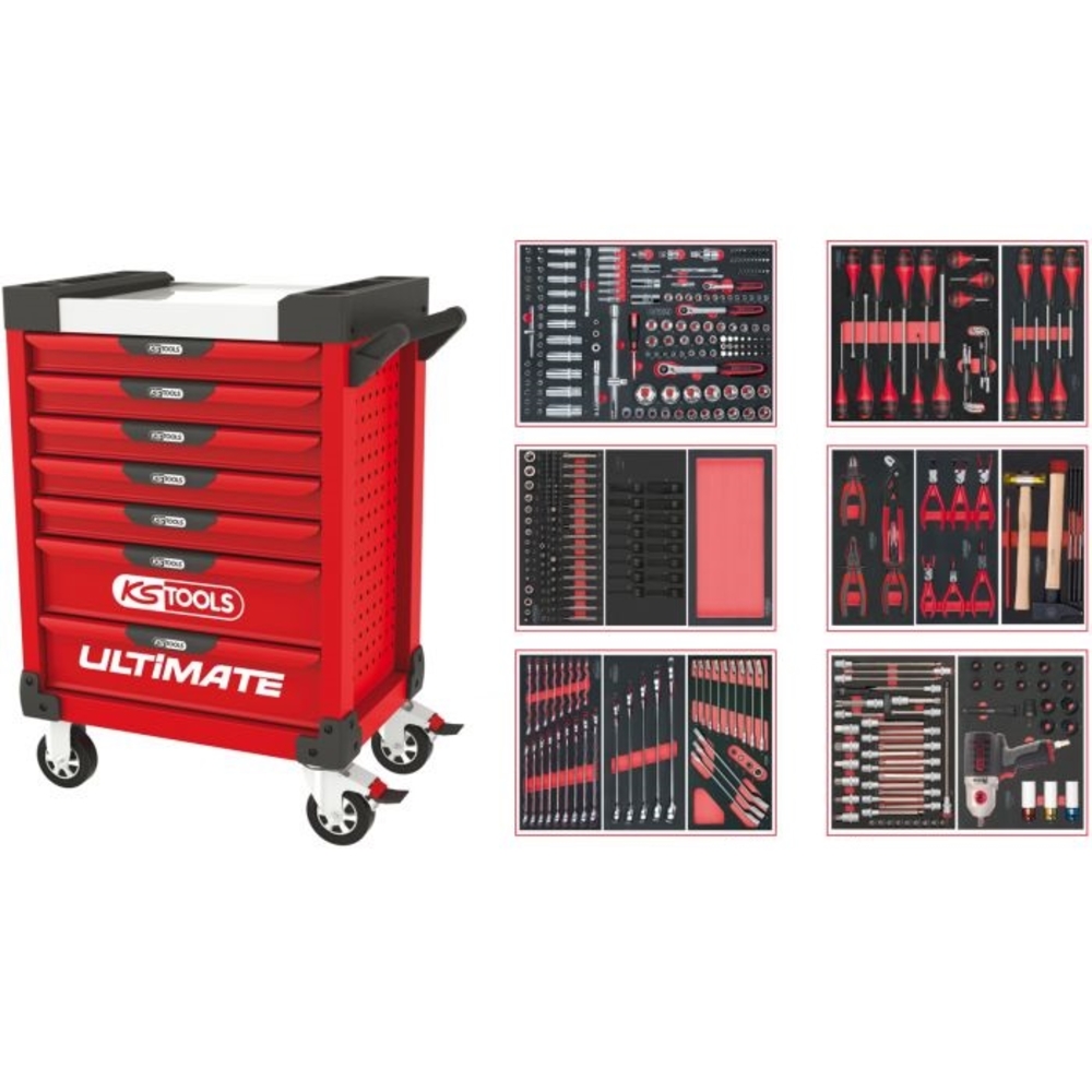 Servante ULTIMATE rouge 7 tiroirs équipée de 429 outils KS TOOLS - 809.7425