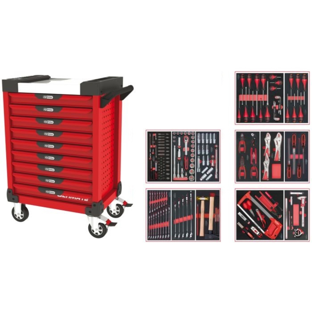 Servante ULTIMATE rouge 9 tiroirs équipée de 187 outils KS TOOLS - 809.9186