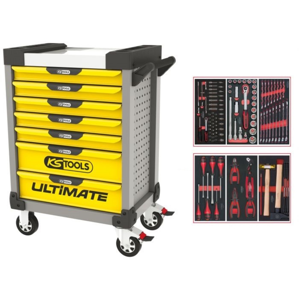 Servante ULTIMATE jaune et gris 7 tiroirs équipée de 114 outils KS TOOLS - 814.7114