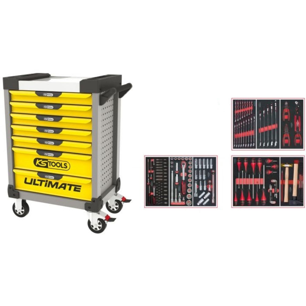 Servante ULTIMATE grise et jaune 7 tiroirs équipée de 158 outils KS TOOLS - 814.7158