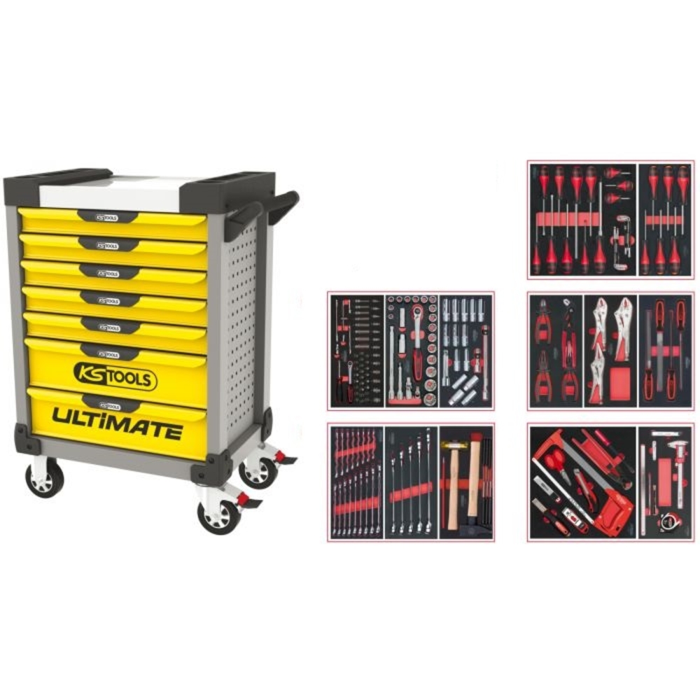 Servante ULTIMATE grise et jaune 7 tiroirs équipée de 187 outils KS TOOLS - 814.7186