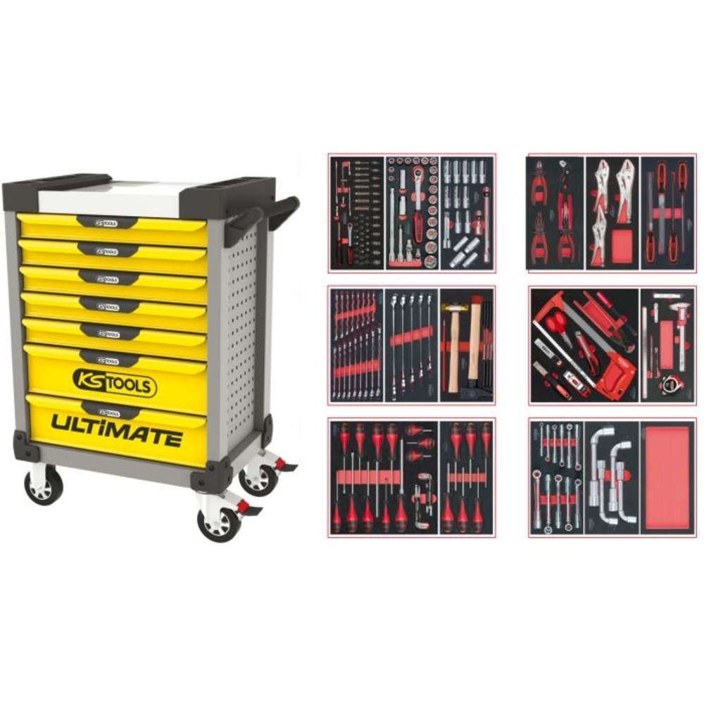 Servante ULTIMATE grise et jaune 7 tiroirs équipée de 202 outils KS TOOLS - 814.7202
