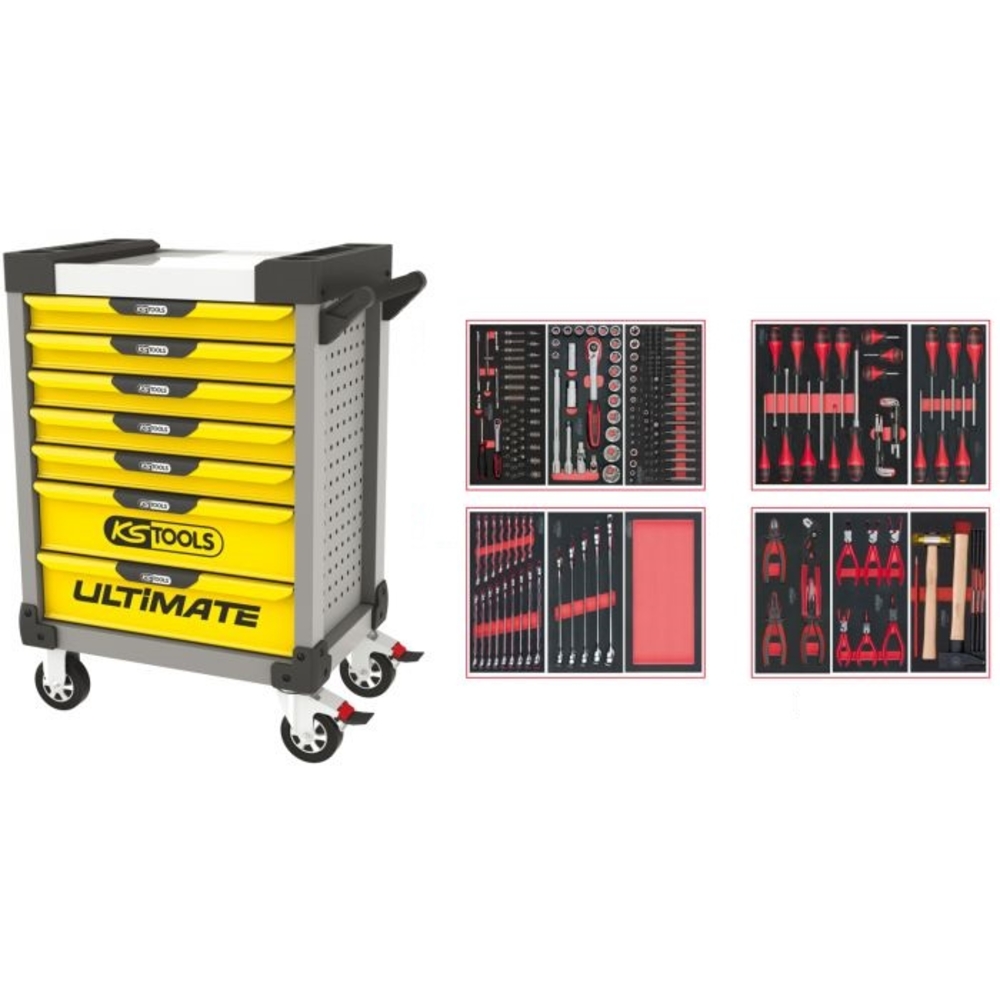 Servante ULTIMATE grise et jaune 7 tiroirs équipée de 241 outils KS TOOLS - 814.7241
