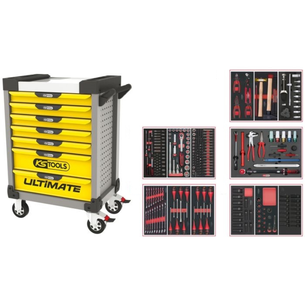 Servante ULTIMATE grise et jaune 7 tiroirs équipée de 283 outils KS TOOLS - 814.7283