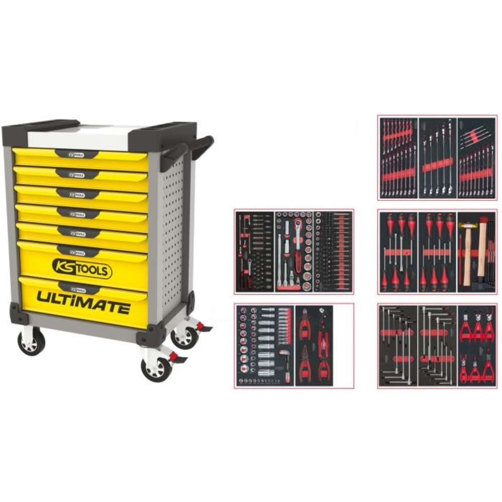 Servante ULTIMATE grise et jaune 7 tiroirs équipée de 311 outils KS TOOLS - 814.7311
