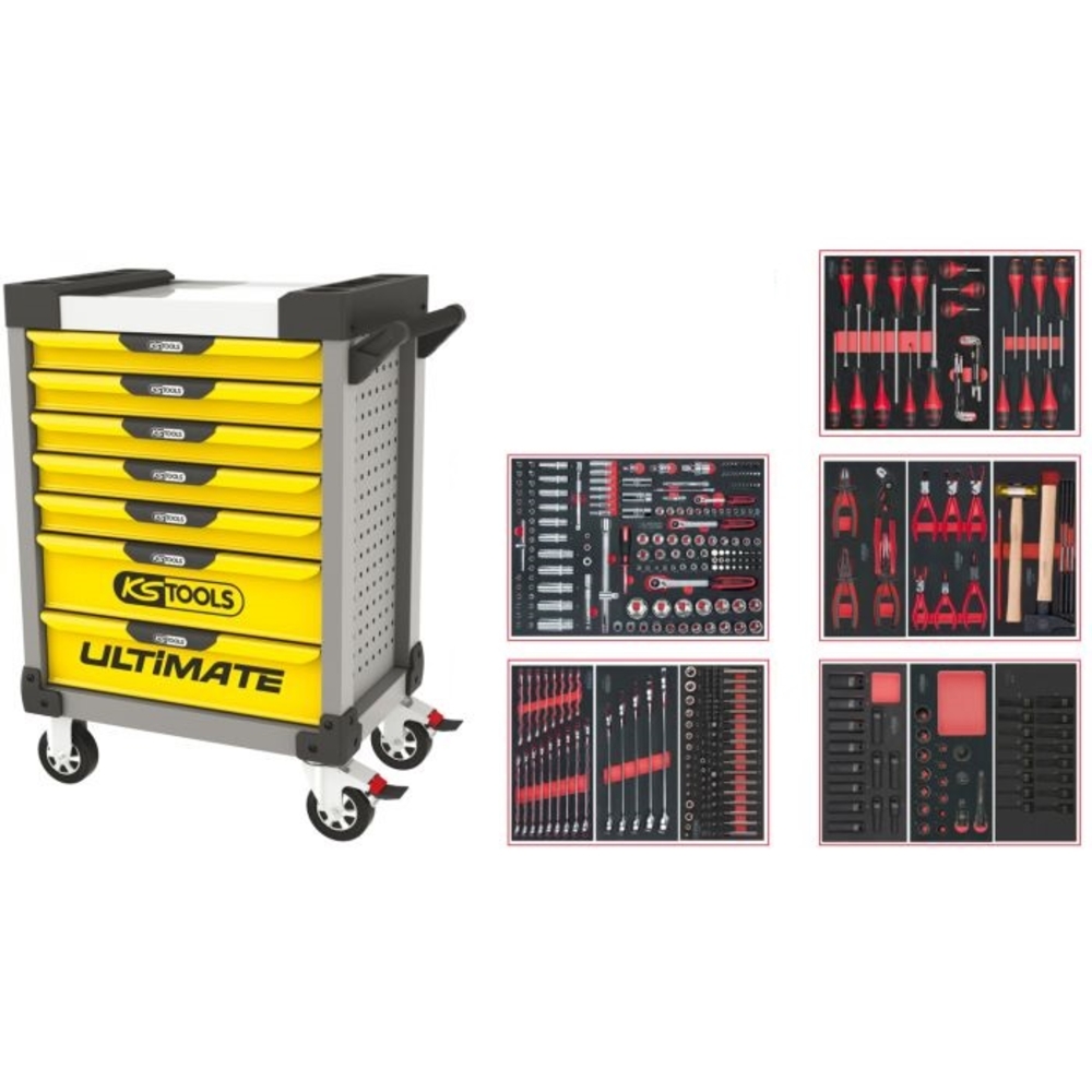 Servante ULTIMATE grise et jaune 7 tiroirs équipée de 384 outils KS TOOLS - 814.7380