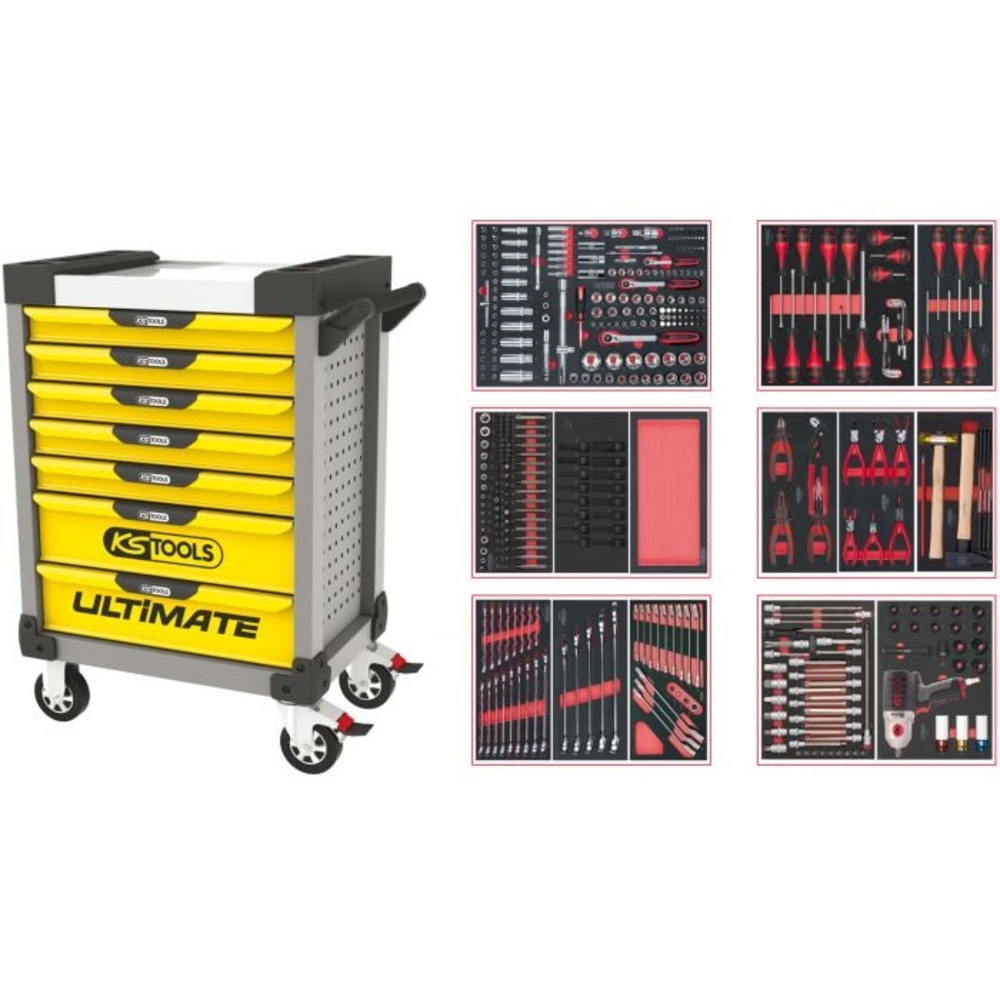 Servante ULTIMATE grise et jaune 7 tiroirs équipée de 429 outils KS TOOLS - 814.7425