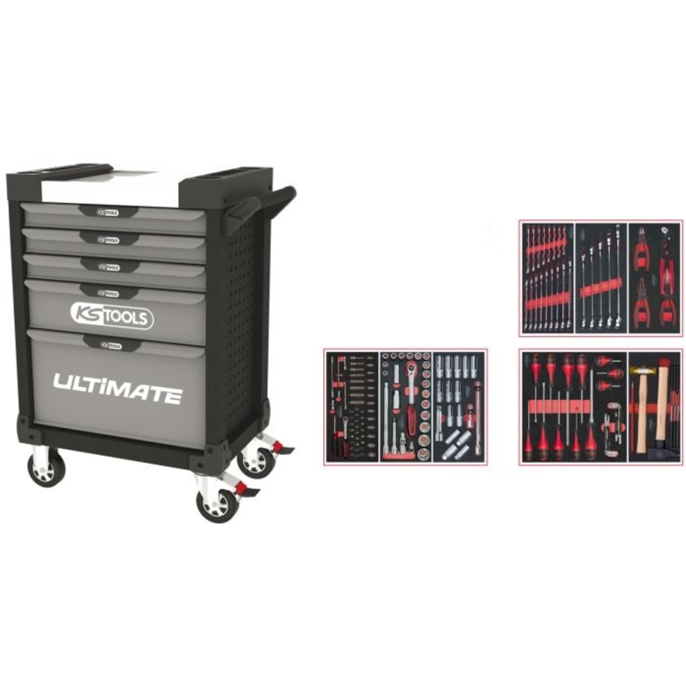 Servante ULTIMATE grise et noire 5 tiroirs équipée de 158 outils KS TOOLS - 816.5158