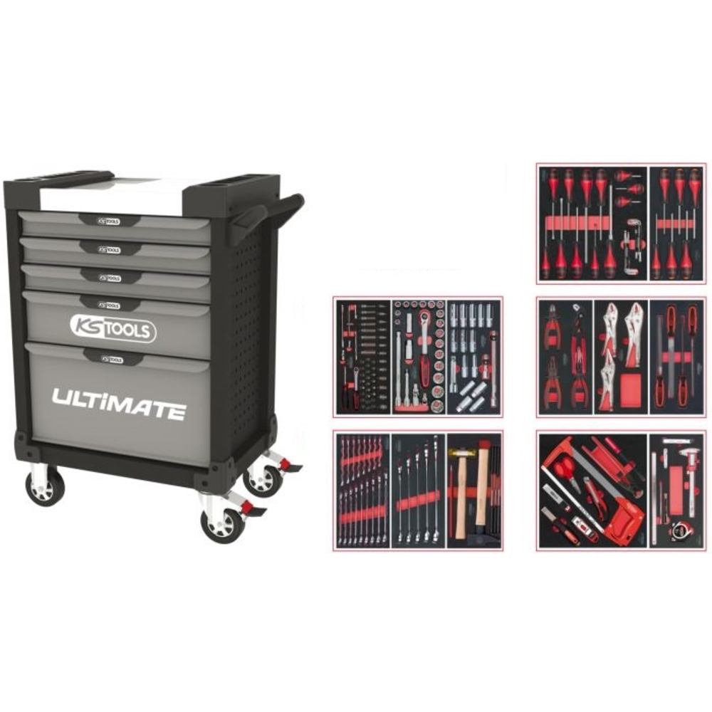 Servante ULTIMATE grise et noire 5 tiroirs équipée de 187 outils KS TOOLS - 816.5186