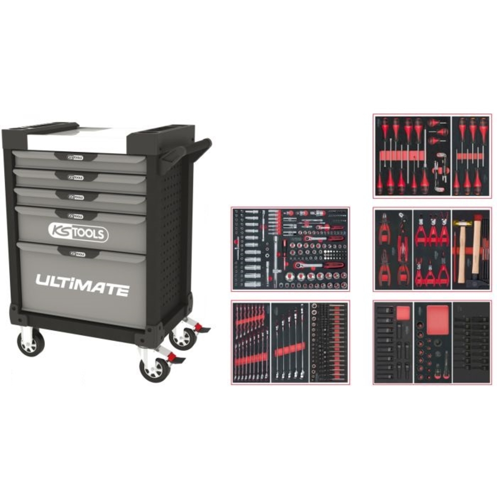 Servante ULTIMATE grise et noire 5 tiroirs équipée de 384 outils KS TOOLS - 816.5380