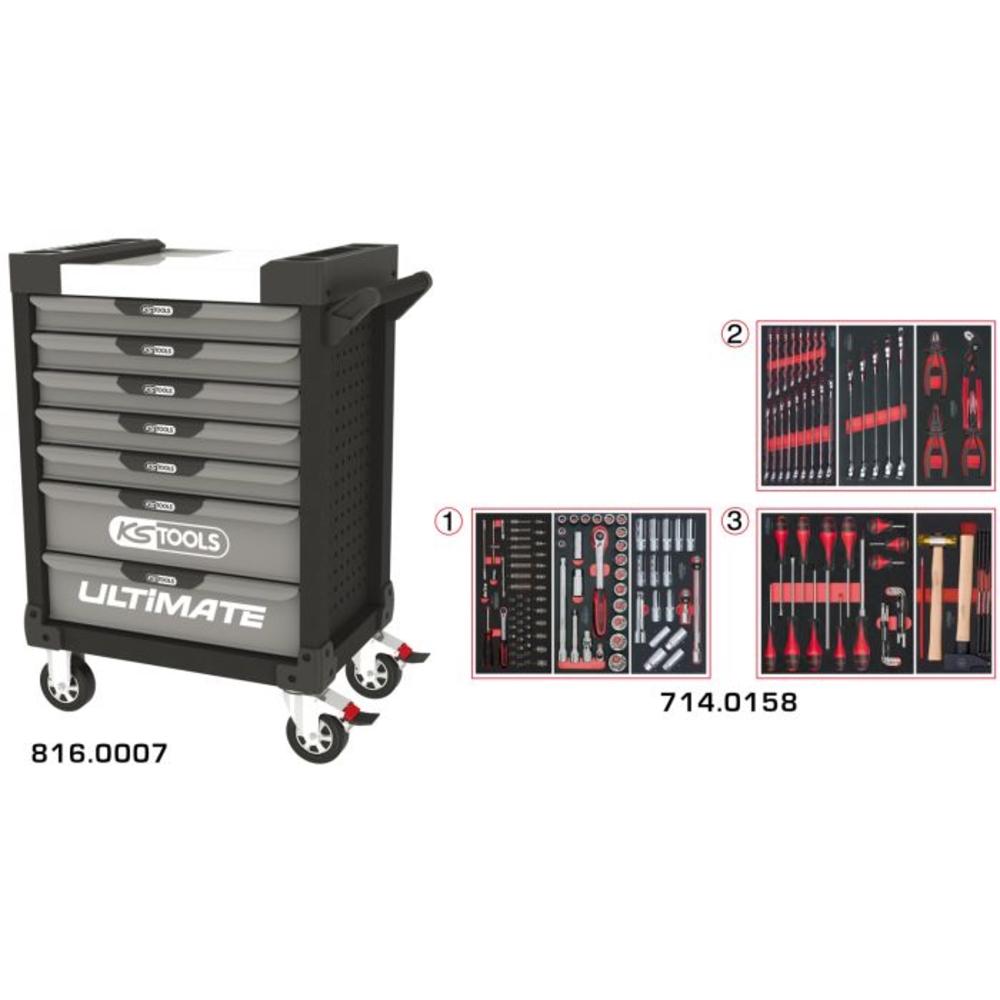 Servante ULTIMATE grise et noire 7 tiroirs équipée de 158 outils KS TOOLS - 816.7158
