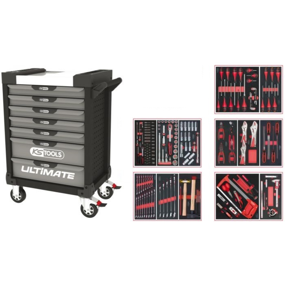 Servante ULTIMATE grise et noire 7 tiroirs équipée de 187 outils KS TOOLS - 816.7186