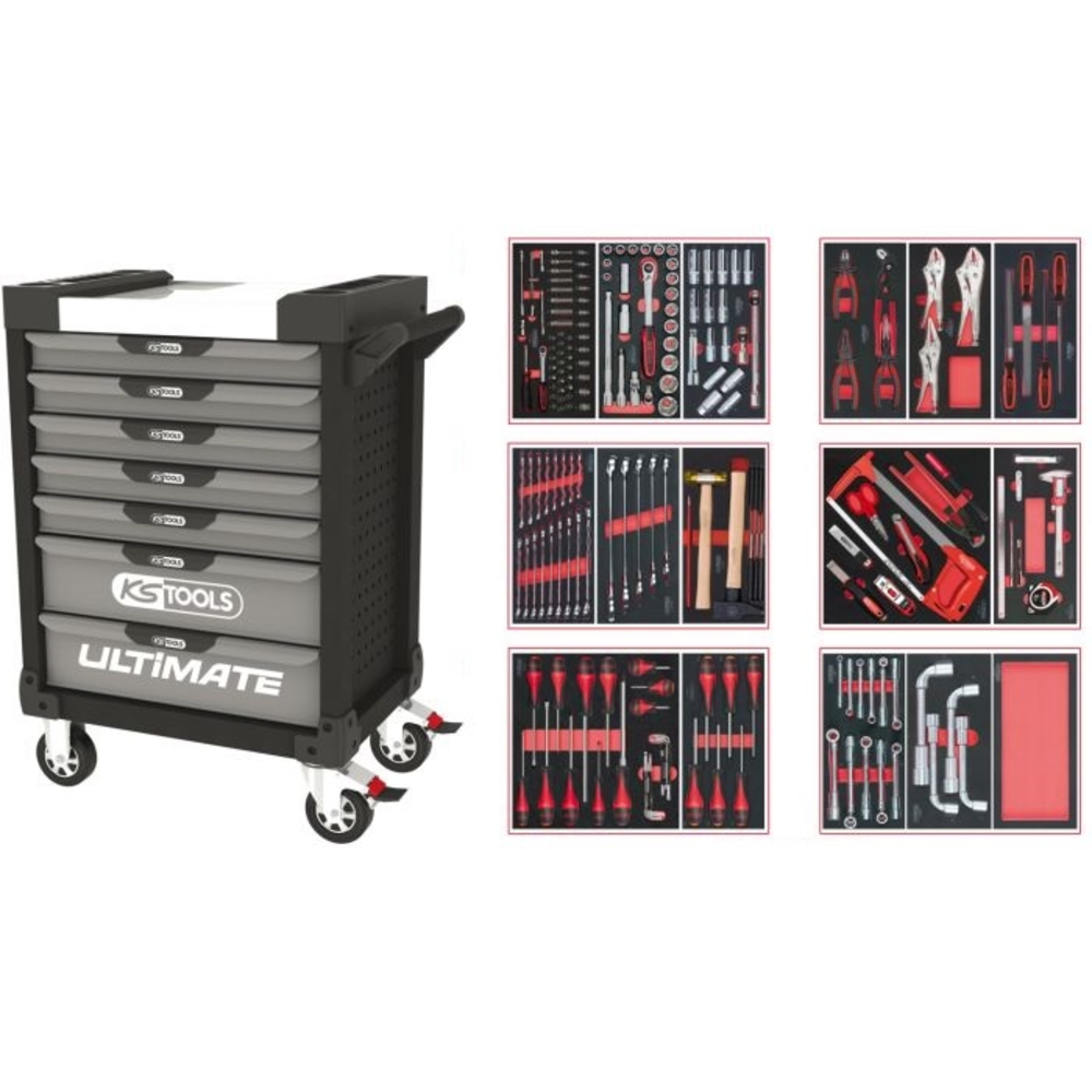 Servante ULTIMATE grise et noire 7 tiroirs équipée de 202 outils KS TOOLS - 816.7202