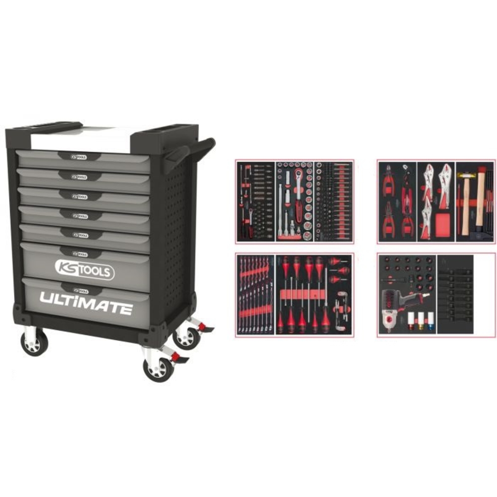 Servante ULTIMATE grise et noire 7 tiroirs équipée de 263 outils KS TOOLS - 816.7263