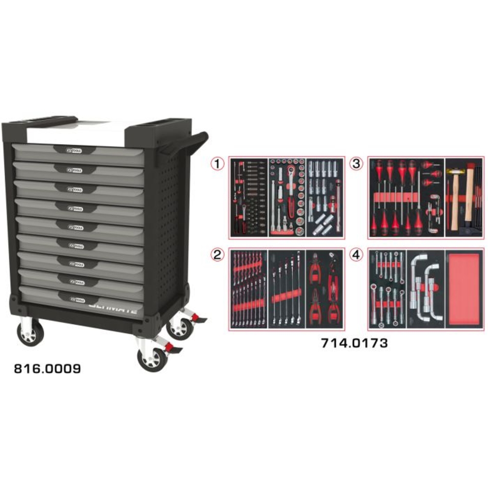 Servante ULTIMATE grise et noire 9 tiroirs équipée de 173 outils KS TOOLS - 816.9173