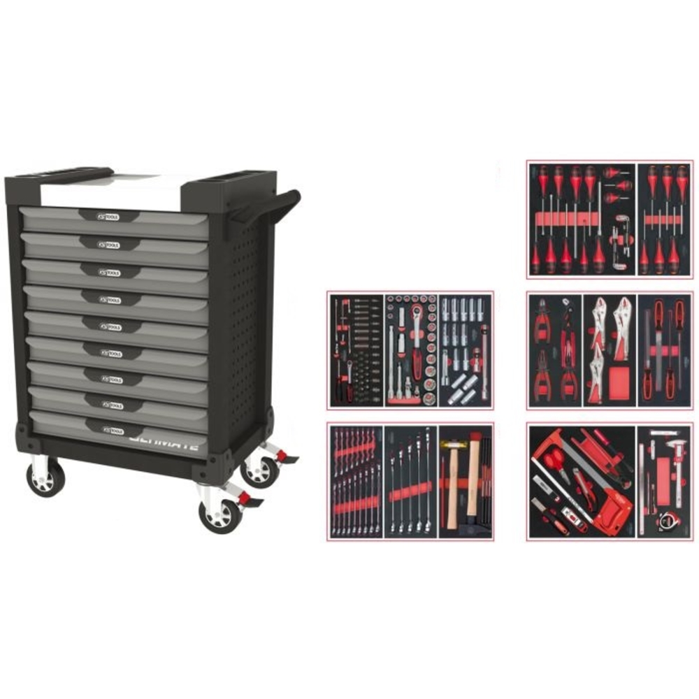 Servante ULTIMATE grise et noire 9 tiroirs équipée de 187 outils KS TOOLS - 816.9186